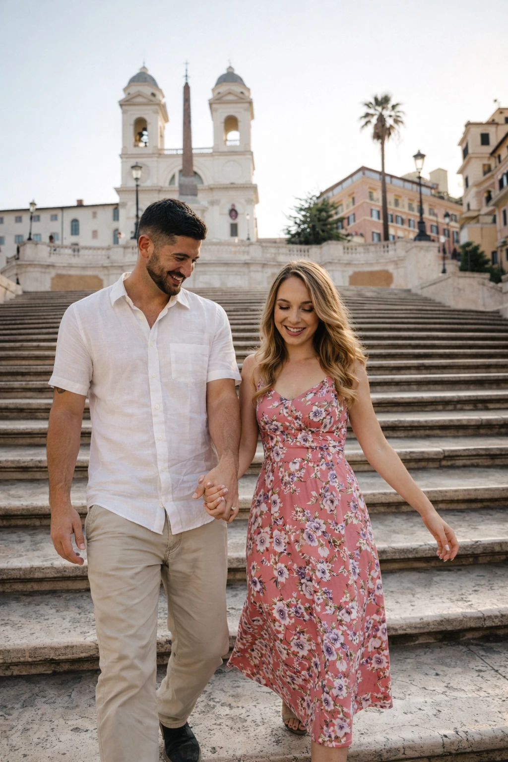 Una pareja durante una sesión de fotos en Roma en Piazza Navona, capturada con un estilo natural y romántico.