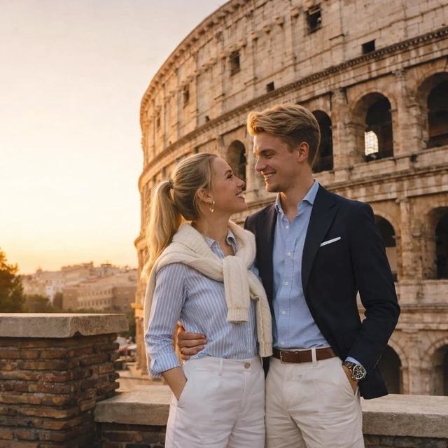 Un couple pendant une séance photo à Rome, capturé dans un style naturel et romantique.