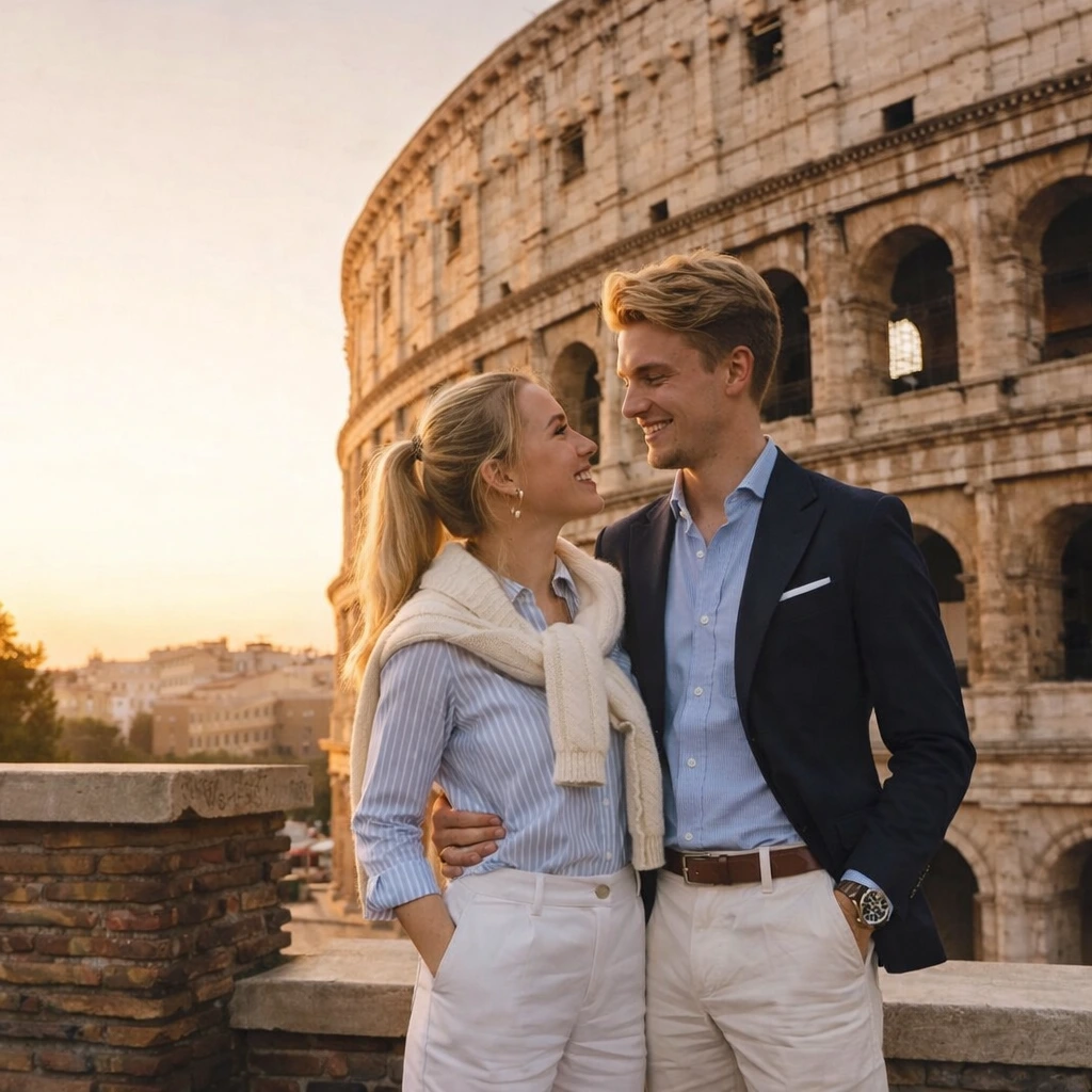 Una pareja durante una sesión de fotos en Roma en Colosseum, capturada con un estilo natural y romántico.