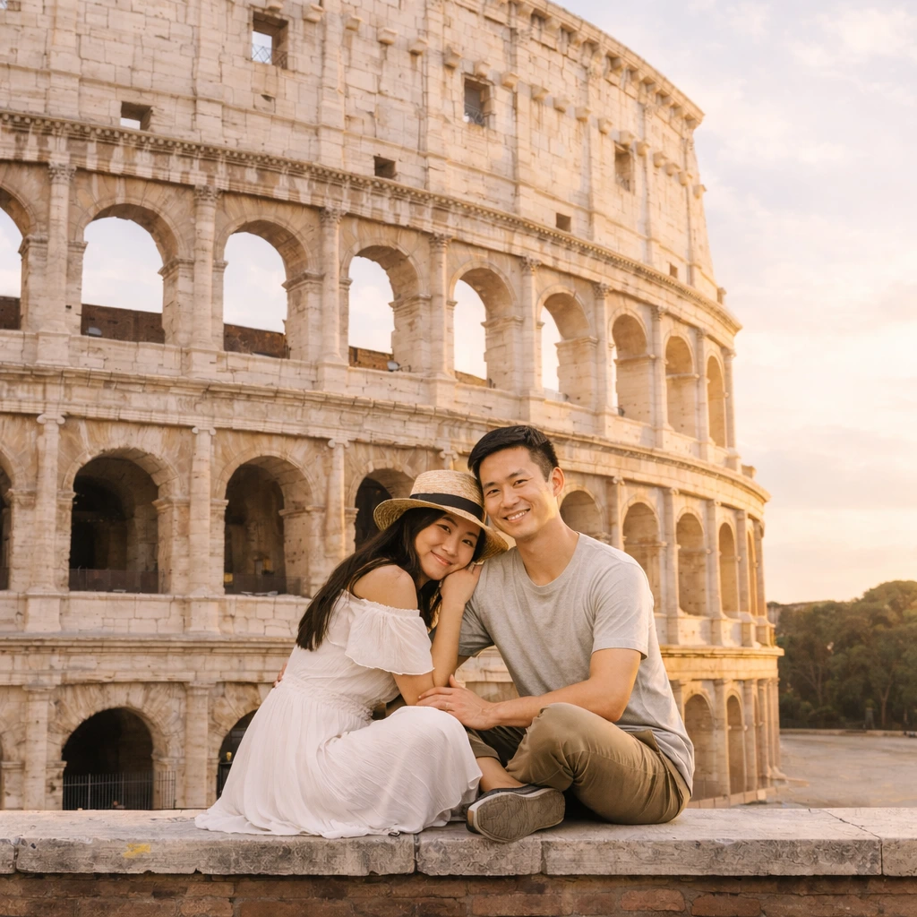 A natural photoshoot in Vatican City near St. Peter's Basilica and Castel Sant'Angelo, captured with warm Roman light and a relaxed Travaya style.