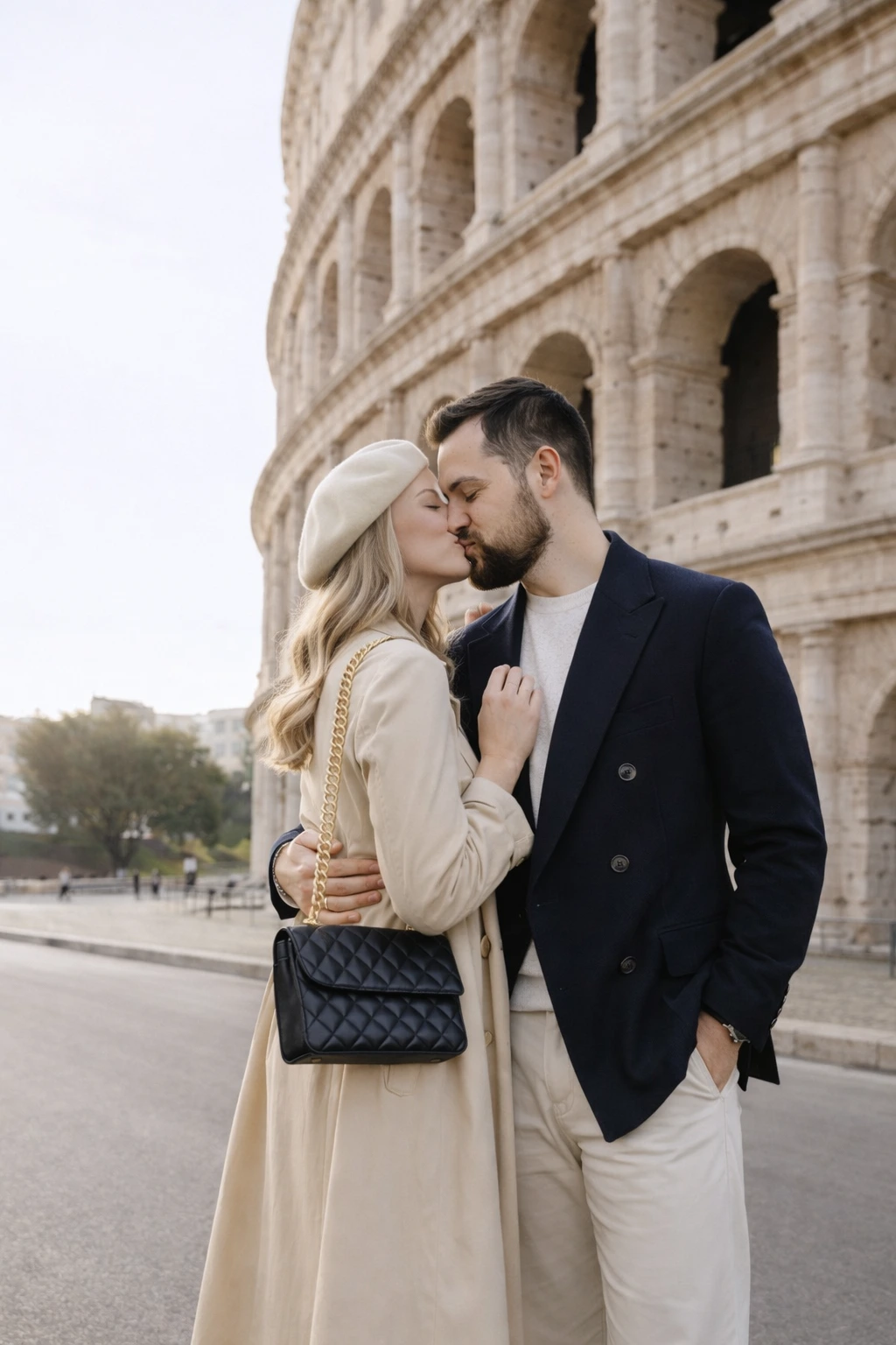 Una pareja durante una sesión de fotos en Roma, capturada con un estilo natural y romántico.