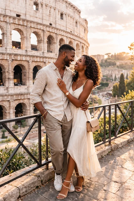Un couple pendant une séance photo à Rome, capturé dans un style naturel et romantique.