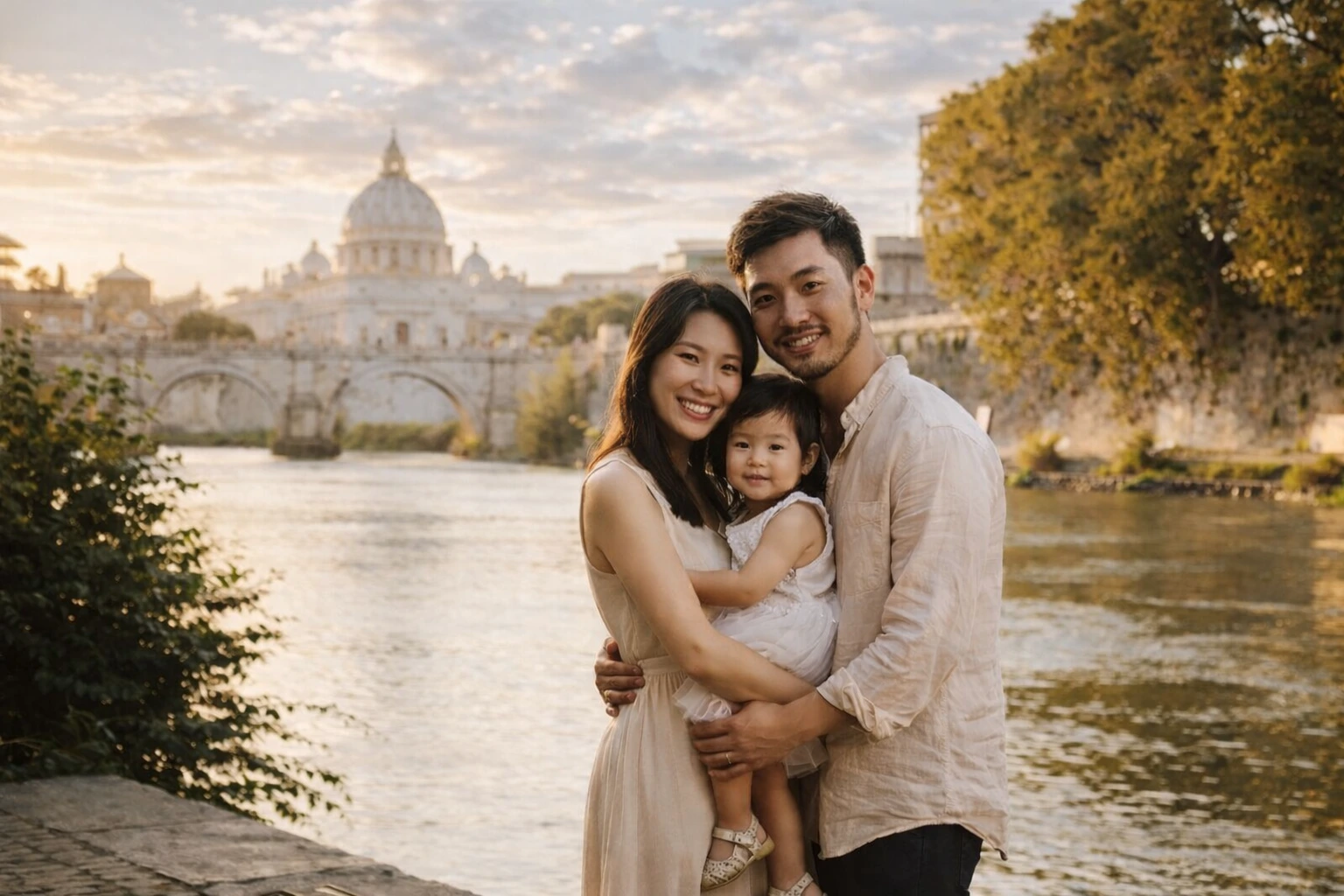 Una pareja durante una sesión de fotos en Roma, capturada con un estilo natural y romántico.