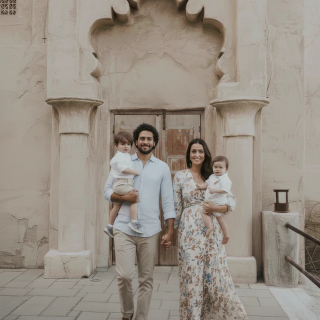 Servizio fotografico di famiglia a Dubai Famiglia che corre giù da una duna durante un servizio fotografico a Dubai.