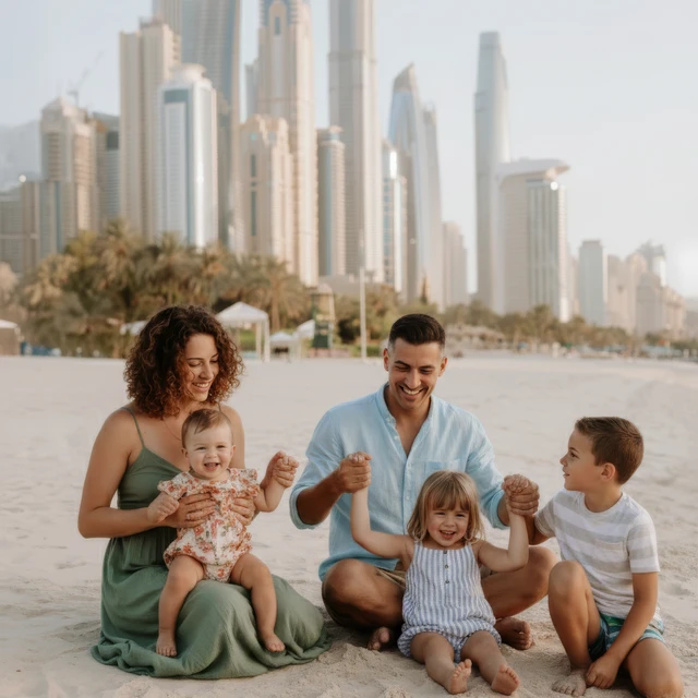 Servizio fotografico di famiglia a Dubai Famiglia che corre giù da una duna durante un servizio fotografico a Dubai.