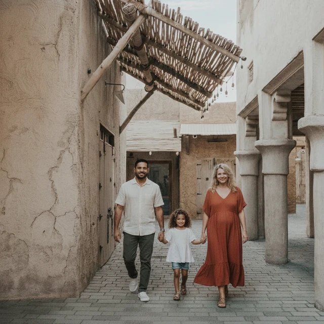 Servizio fotografico di famiglia a Dubai Famiglia che cammina per le strade della vecchia Dubai durante un servizio fotografico.