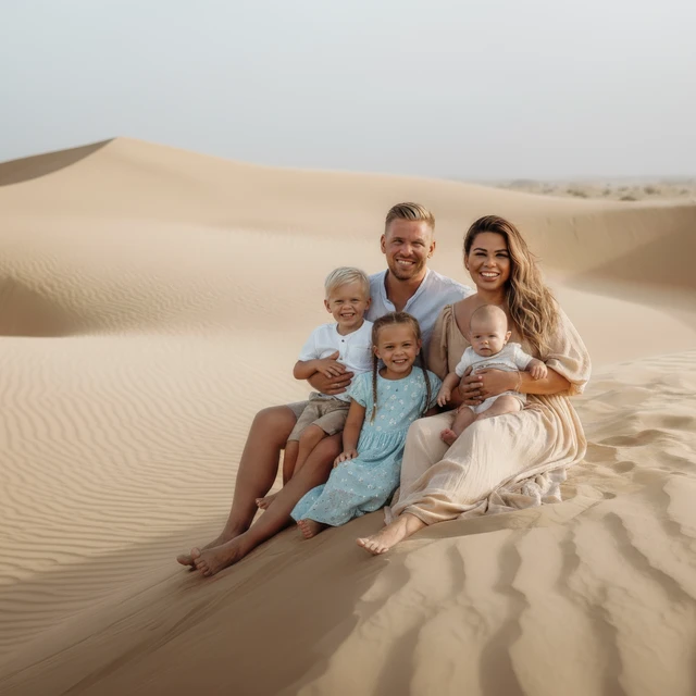 Servizio fotografico di famiglia a Dubai Servizio fotografico di famiglia nel deserto di Dubai su una duna.