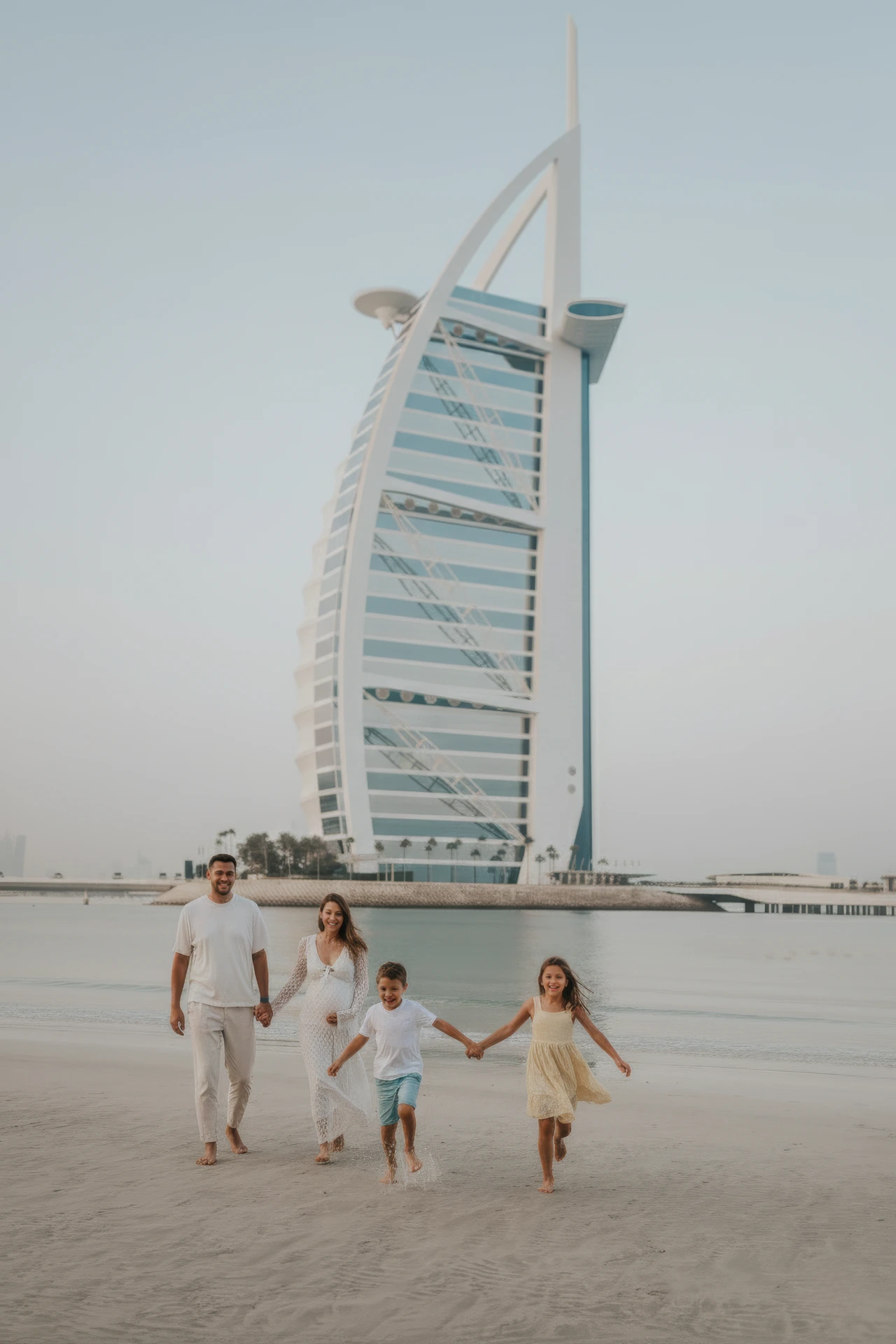 Sesja zdjęciowa rodziny przed Burj Al Arab w Dubaju z morzem w tle.