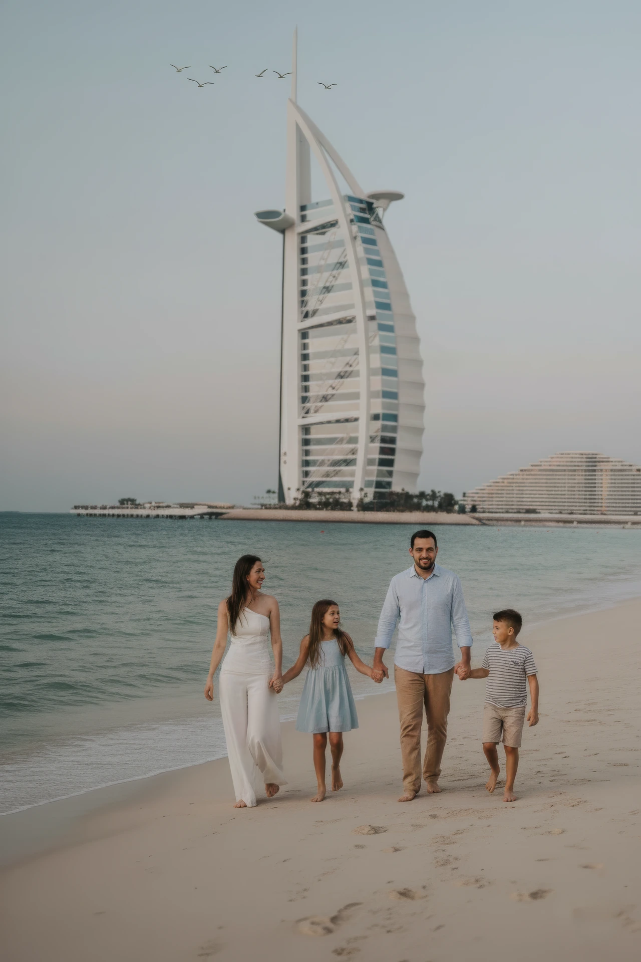 Sesja rodzinna w Dubaju Sesja zdjęciowa czteroosobowej rodziny przed Burj Al Arab.