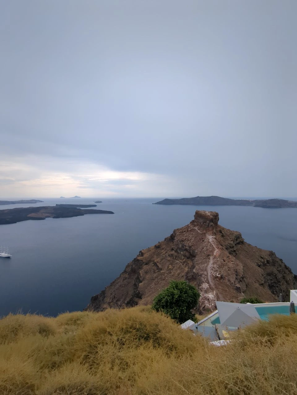 Skaros Rock and its footpath above the Santorini caldera, seen from Imerovigli