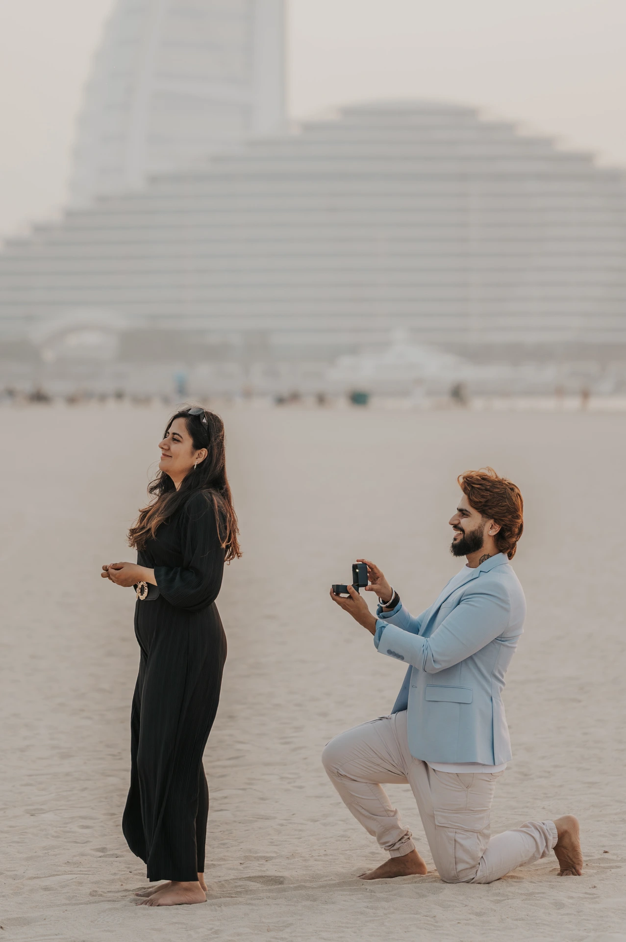 Surprise proposal moment on the beach next to Burj Al Arab