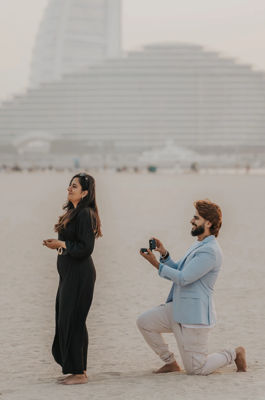 Surprise proposal on the beach next to Burj Al Arab Surprise proposal moment on the beach next to Burj Al Arab