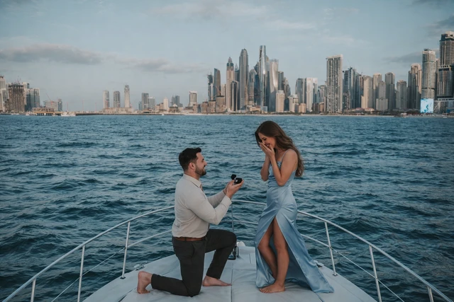 A man proposes on a yacht in Dubai while Marina skyline towers rise in the background during a sunset proposal photoshoot.