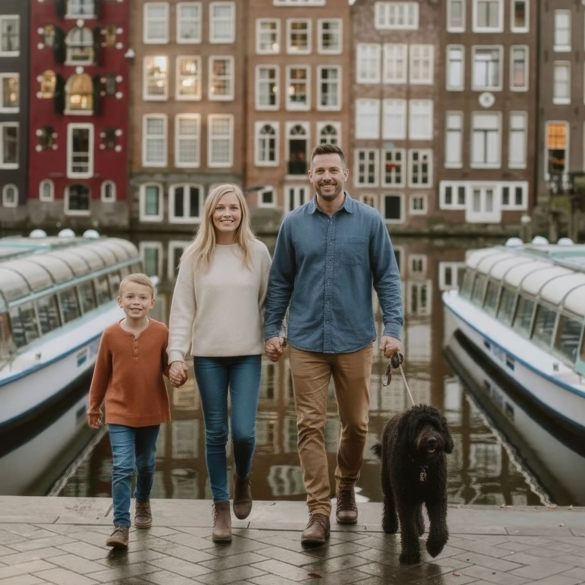 A family photoshoot at the Damrak waterfront in Amsterdam