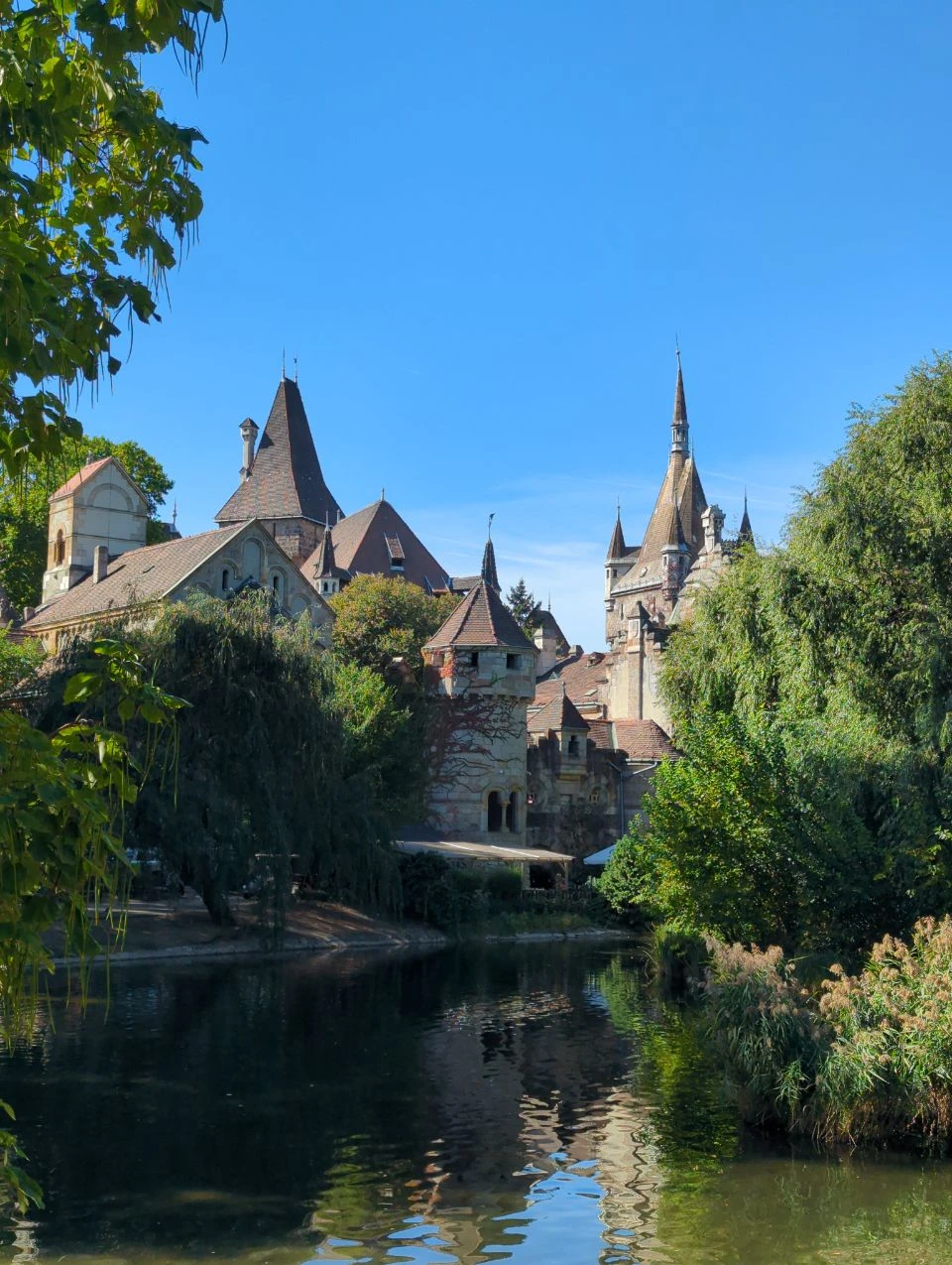Vajdahunyad Castle lakeside Vajdahunyad Castle towers beyond the lake, framed by trees in City Park