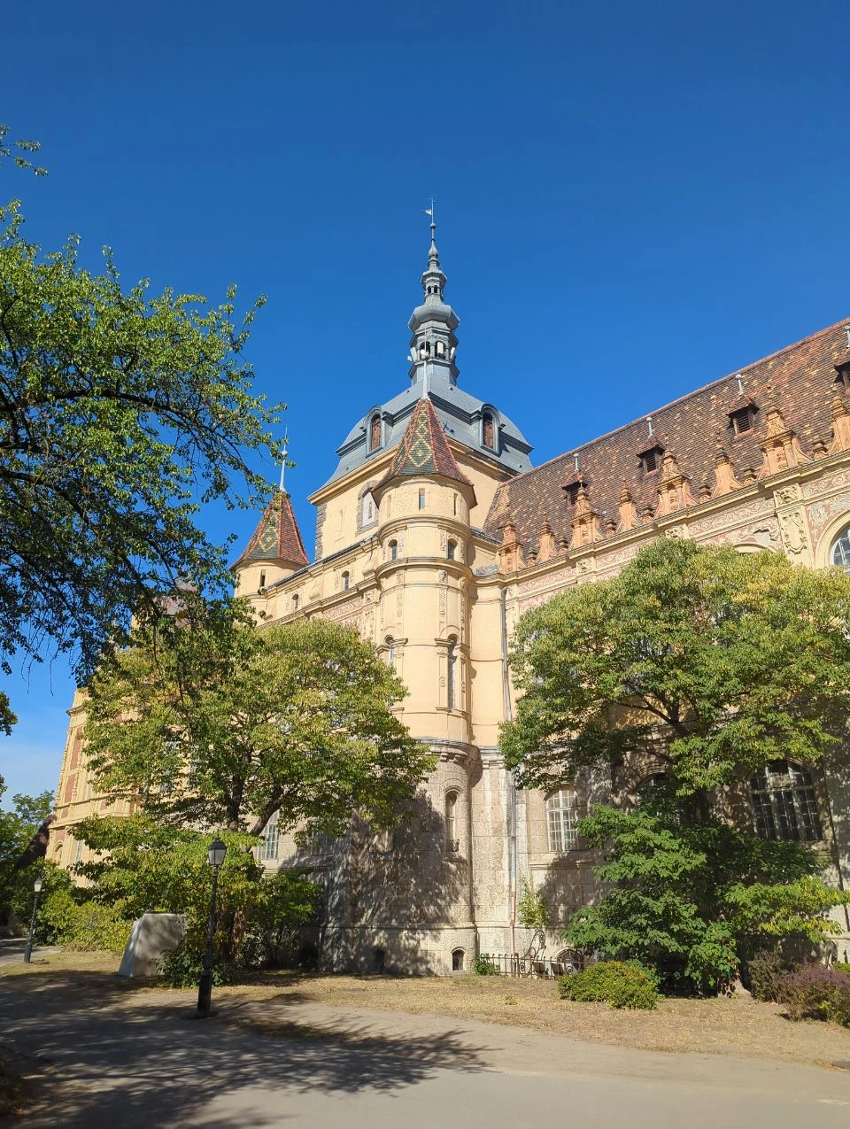 Vajdahunyad Castle exterior towers Vajdahunyad Castle towers and patterned roofs beside leafy trees