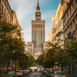 Warsaw buildings trough trees in the street