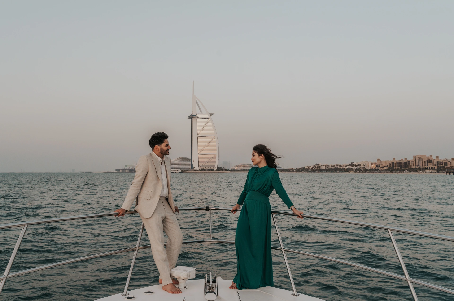 A proposal on a yacht in Dubai, where the photographer captures the man sitting on his knee and asking the question. 