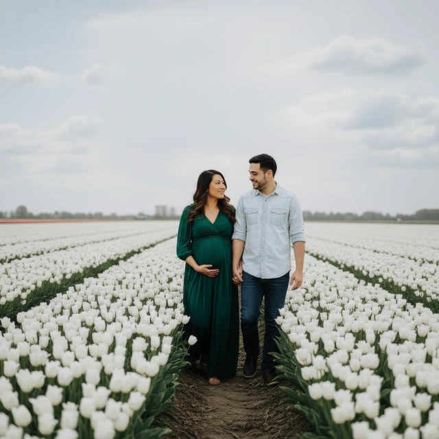 Zwangerschapsshoot Amsterdam Koppel dat naar elkaar lacht tijdens een zwangerschapsshoot in Amsterdam bij Damrak