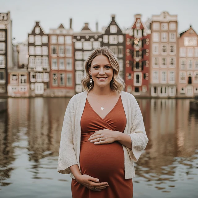 Zwangerschapsshoot Amsterdam Een vrouw met haar buik in beeld bij de Damrak kade in Amsterdam tijdens haar zwangershapsshoot