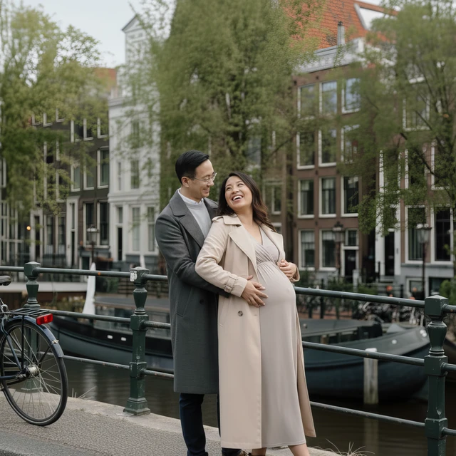 Zwangerschapsshoot Amsterdam Een koppel dat een zwangerschapsshoot in Amsterdam doet met herfstkleding aan.
