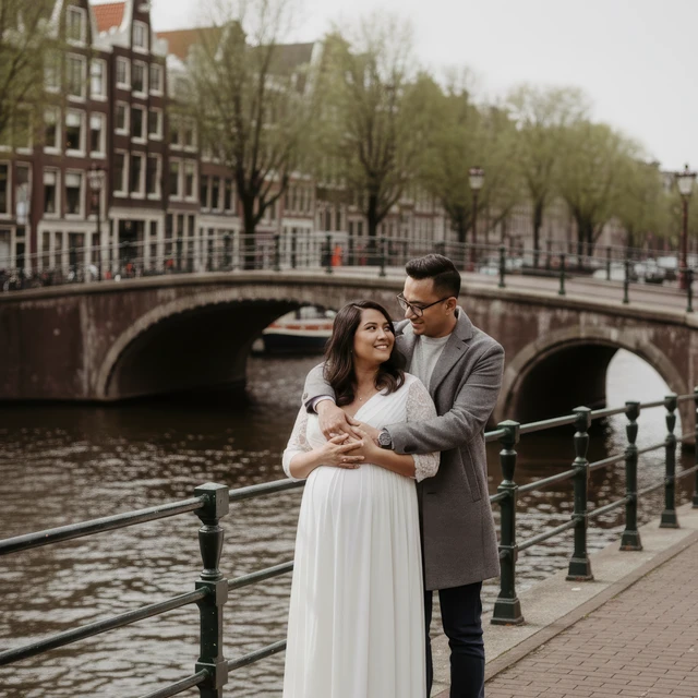 Zwangerschapsshoot Amsterdam Zwangerschapsshoot in Amsterdam langs de grachten met brug op de achtergrond