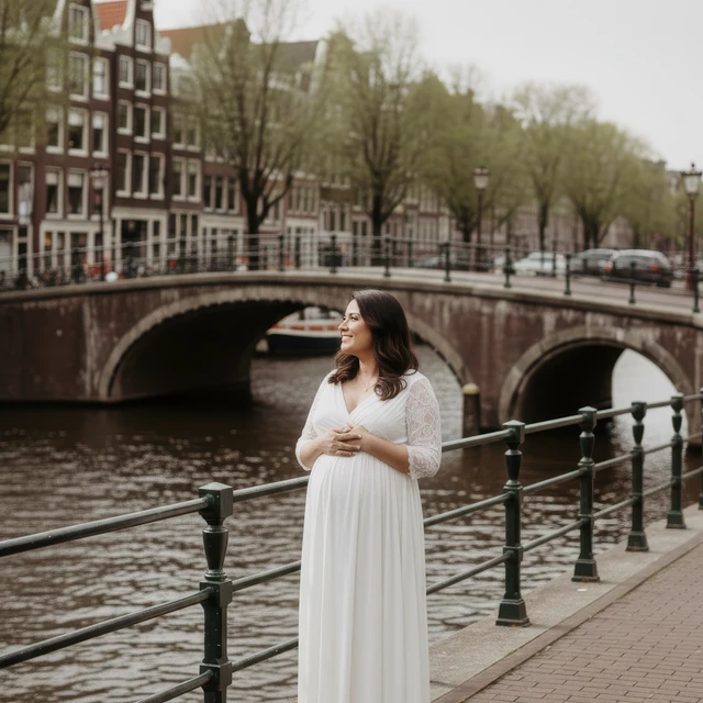 Zwangerschapsshoot Amsterdam Zwangerschapsshoot van een vrouw solo langs de grachten in Amsterdam